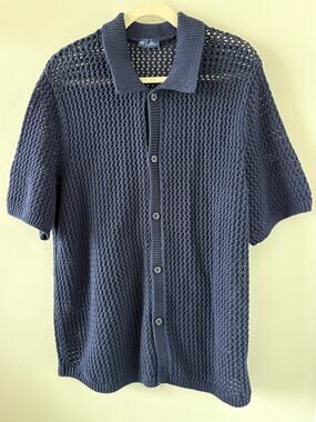 Open Knit Crochet Mens Short Sleeve Cardigan Mens Size L Navy Vacation Capsule